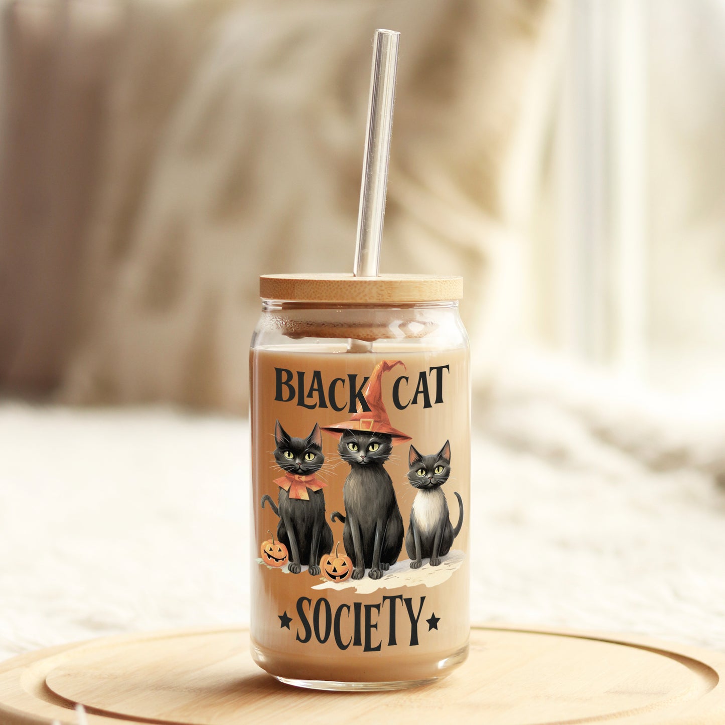 Black Cat Society Halloween 16oz Libbey Glass Can UV DTF or Sublimation Wrap - Decal - Weefers