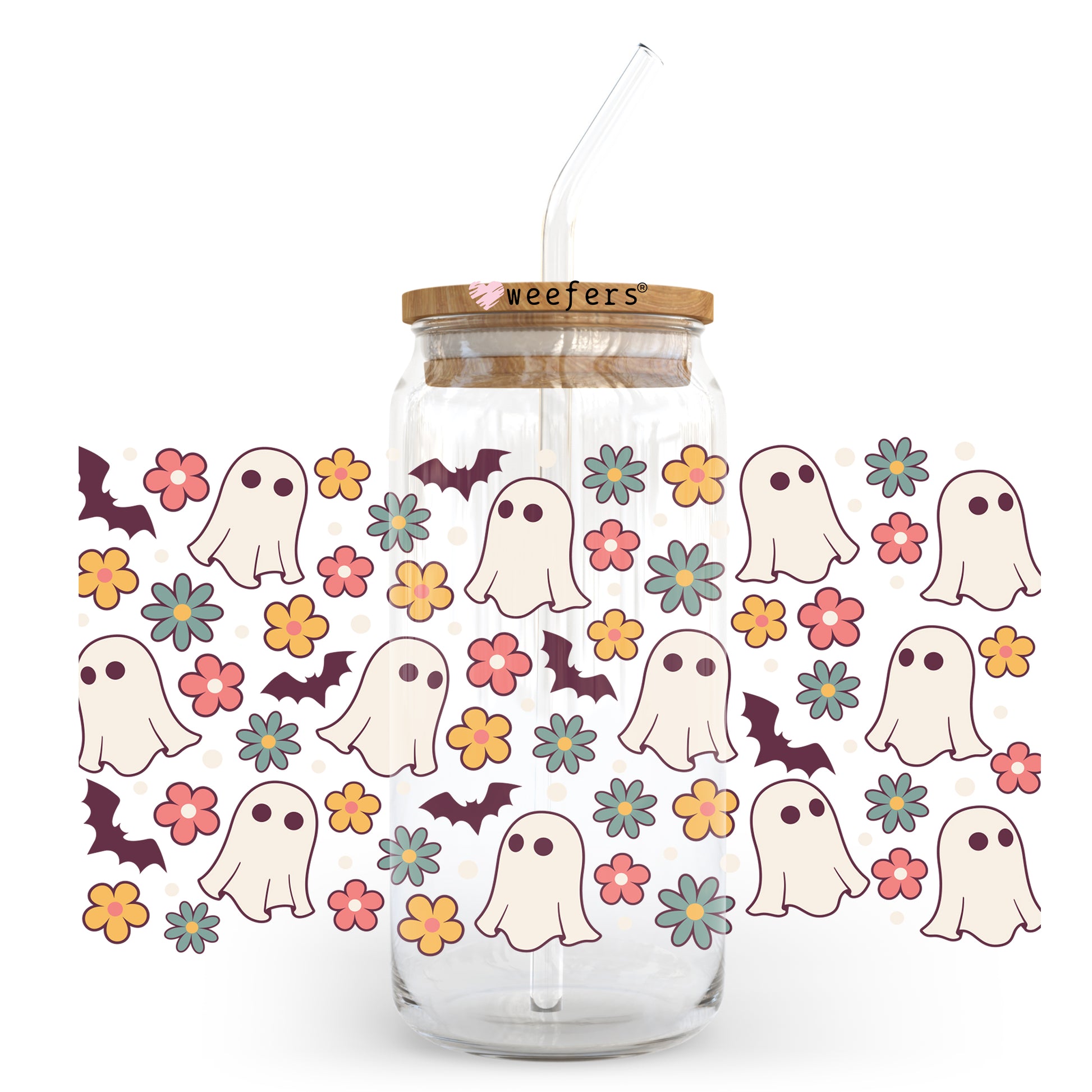 Retro Floral Ghosts Halloween 20oz Libbey Glass Can, 34oz Hip Sip, 40oz Tumbler UV DTF or Sublimation Decal Transfer - Weefers