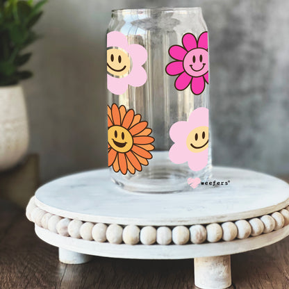 Retro Smile Flowers Libbey Glass Can Wrap UV DTF Sublimation Transfers - Weefers