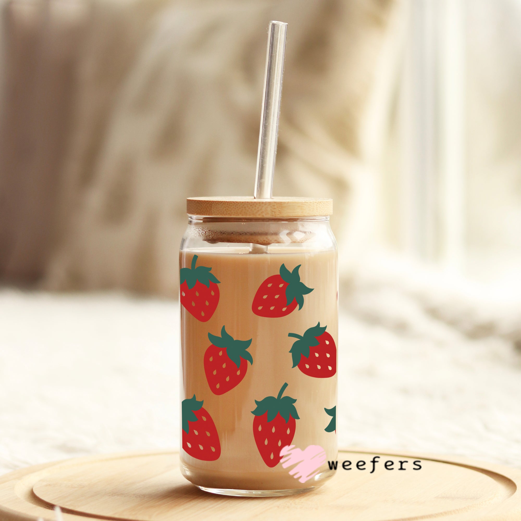 Strawberry Iced Coffee Cup, Beer Glass Mug, UV DTF cup wrap