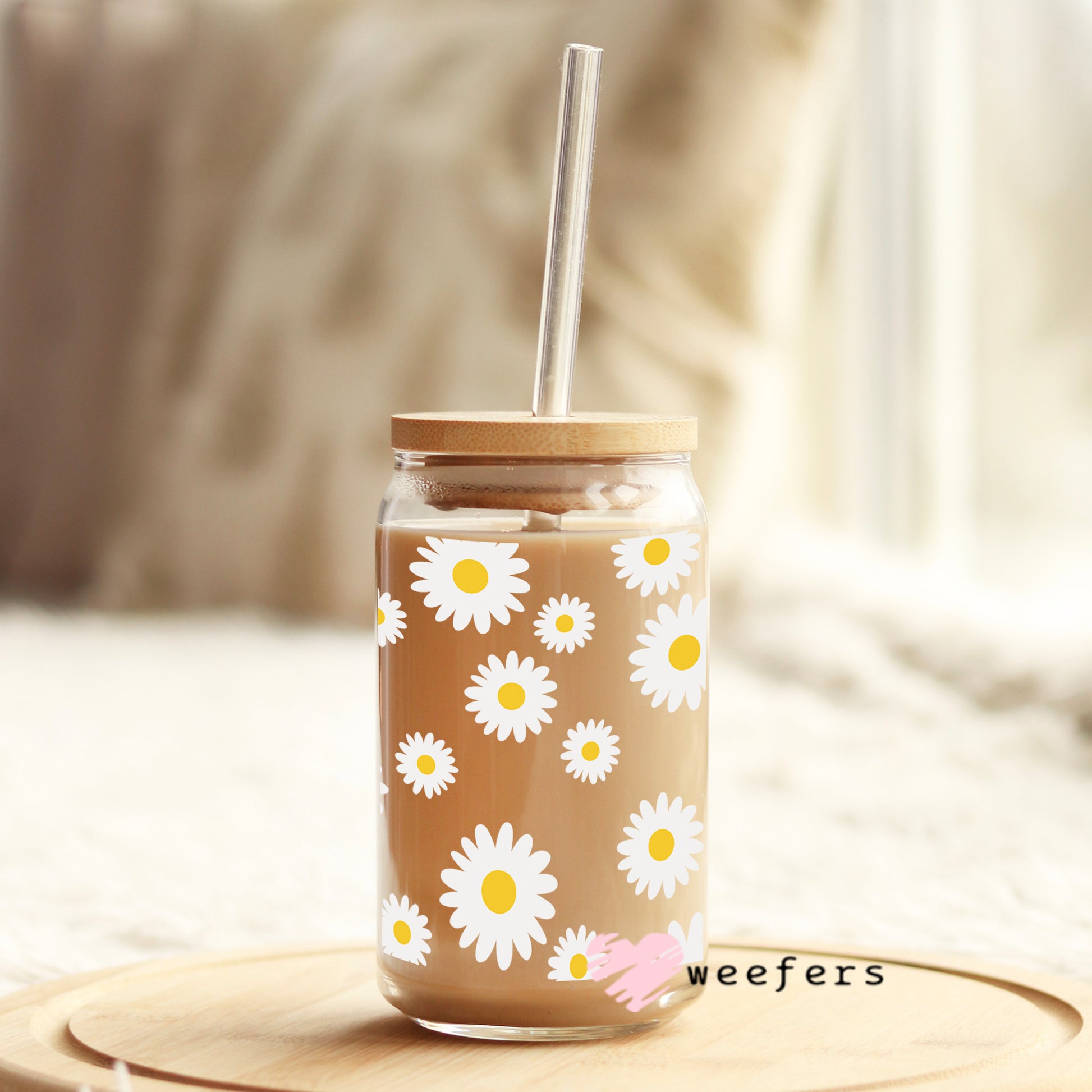 White and Yellow Daisies Libbey Glass Can Wrap UV DTF Sublimation Transfers - Weefers