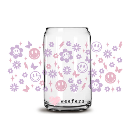 Retro Purple Happy Faces Libbey Glass Can Wrap UV DTF Sublimation Transfers - Weefers