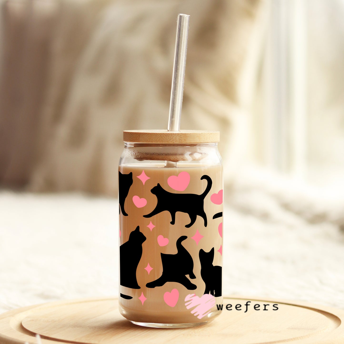 Black Cats and Pink Hearts Libbey Glass Can Wrap UV DTF Sublimation Transfers - Weefers