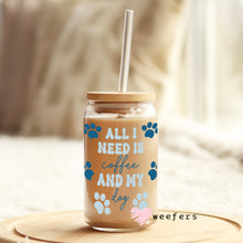Load image into Gallery viewer, All I need is Coffee and My Dog Blue Libbey Glass Can Wrap UV-DTF Sublimation Transfers
