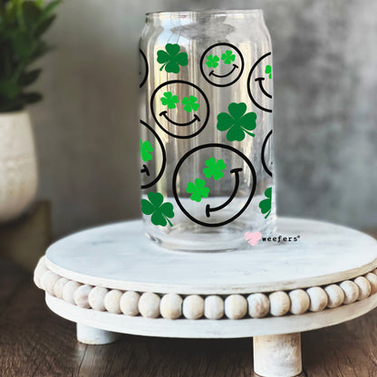 St Patrick's Day - Smile Shamrock Faces Libbey Glass Can Wrap UV DTF Sublimation Transfers - Weefers