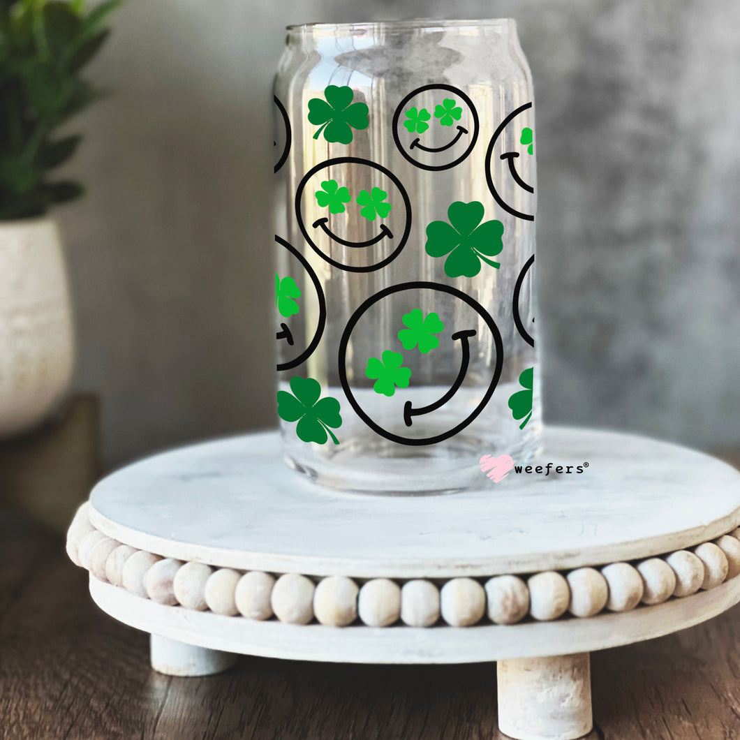 St Patrick's Day - Smile Shamrock Faces Libbey Glass Can Wrap UV-DTF Sublimation Transfers