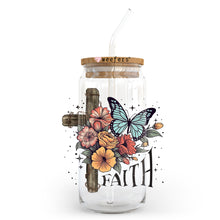 Load image into Gallery viewer, a glass jar with a cross and flowers on it
