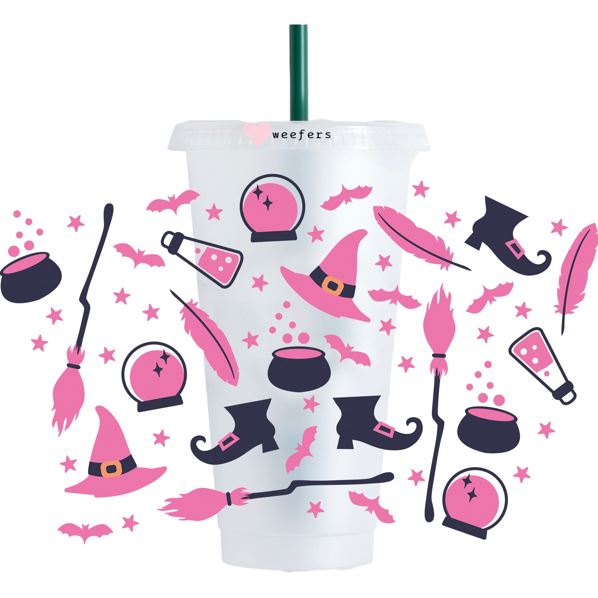 Pink and Black Witch Halloween 24oz UV DTF Cold Cup Wrap - Ready to apply Wrap - NO HOLE - Weefers