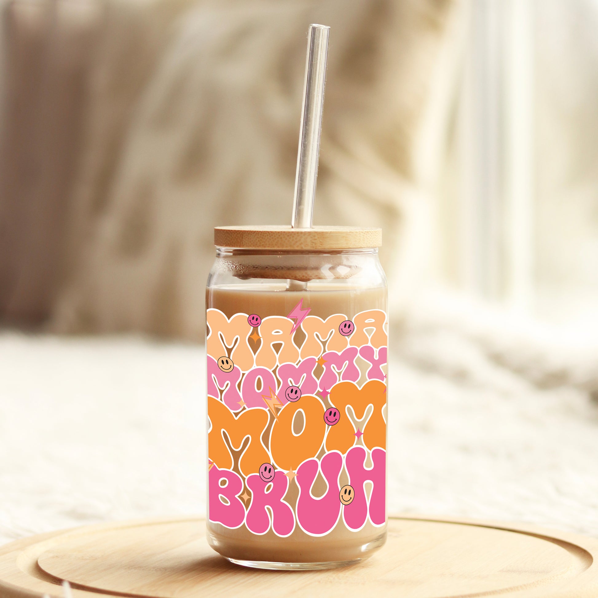 Mama Mommy Mom Bruh Pink and Orange 16oz Libbey Glass Can UV DTF or Sublimation Cup Wrap - Decal Transfer - Weefers