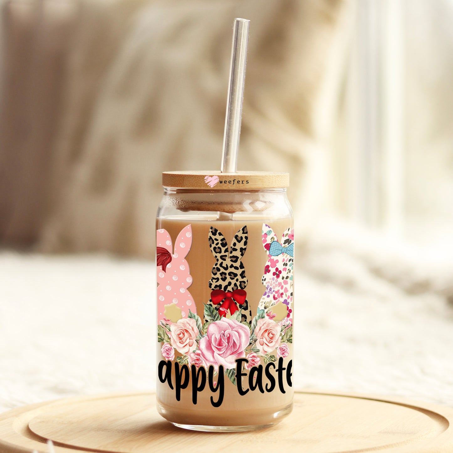 Happy Easter Trio Bunnies 16oz Libbey Glass Can UV DTF or Sublimation Cup Wrap - Decal Transfer - Weefers