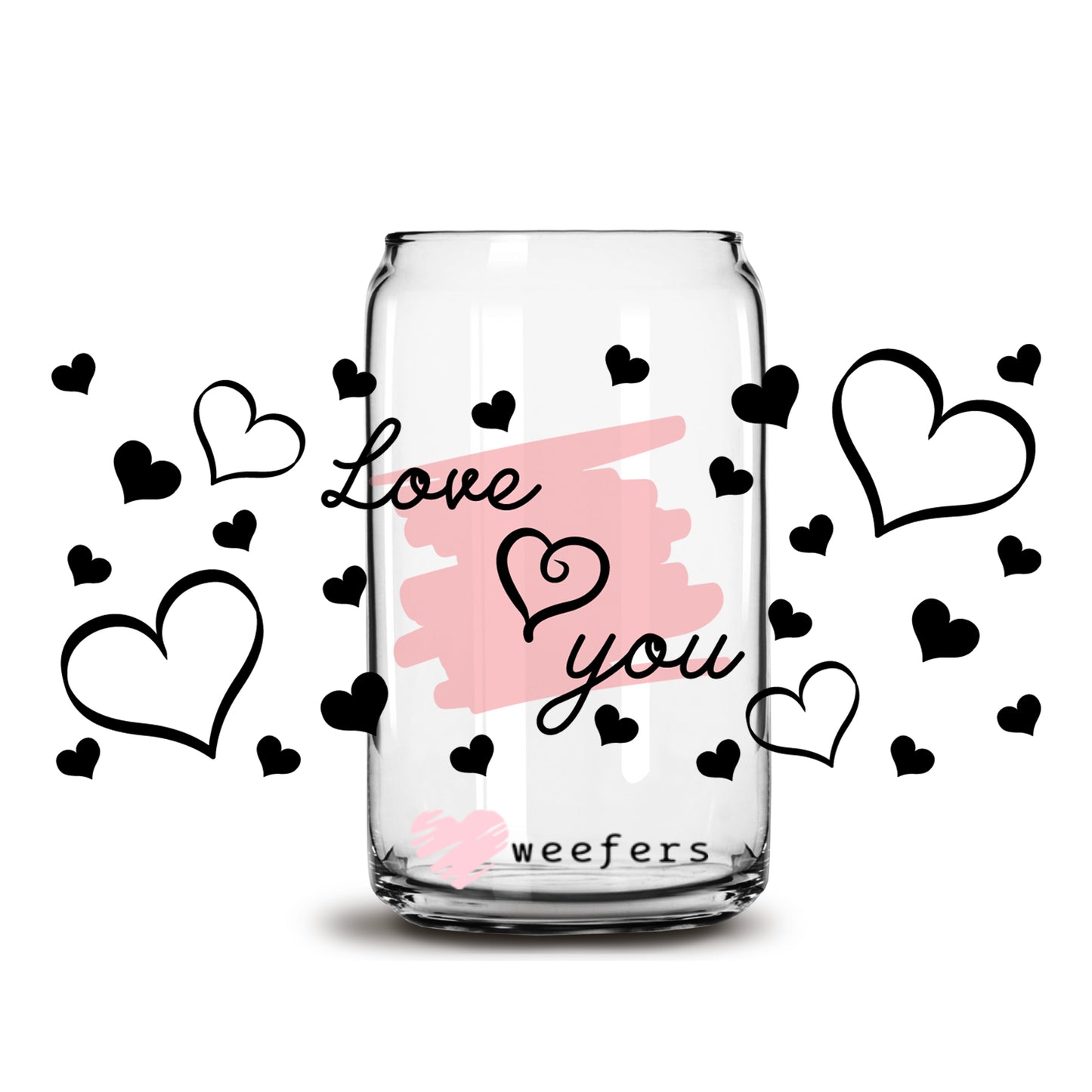 a glass jar with hearts and the words love you