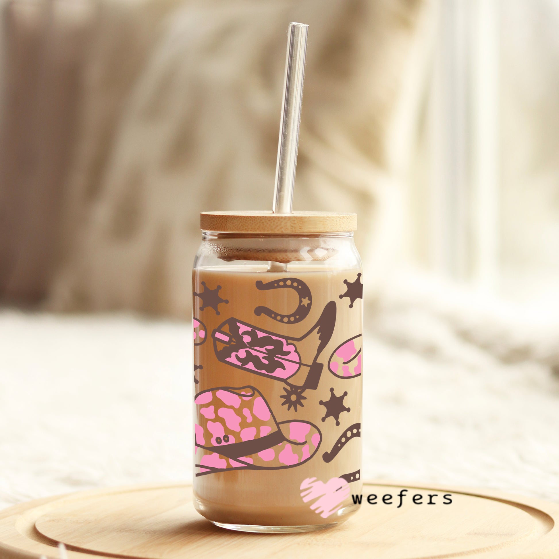 Pink and Brown Cowgirl Boots Libbey Glass Can UV DTF or Sublimation Wrap - Decal - Weefers