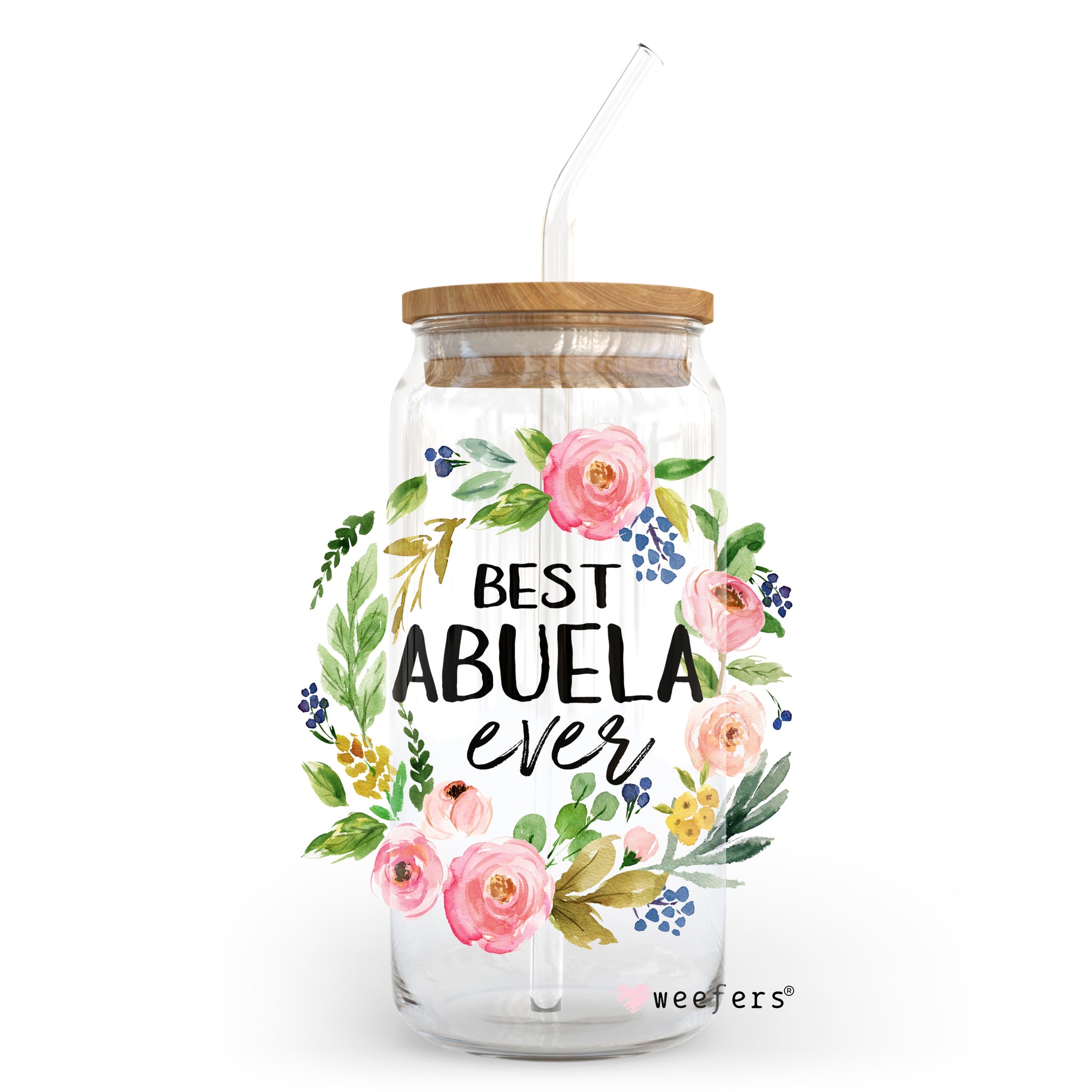 Best Abuela Ever Floral Wreat 20oz Libbey Glass Can, 34oz Hip Sip, 40oz Tumbler UV DTF or Sublimation Decal Transfer - Weefers