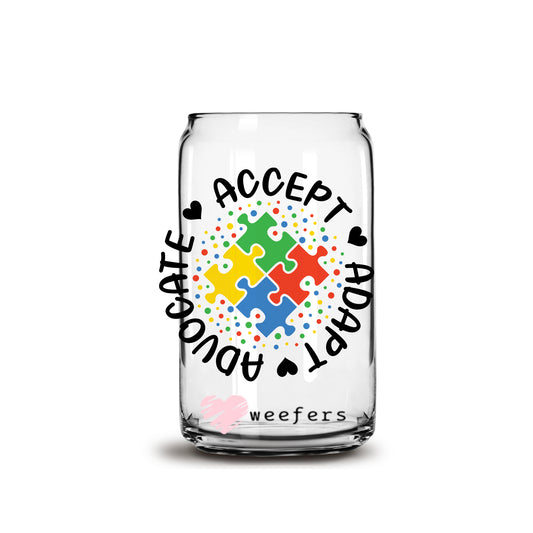 Accept Adapt Advocate Autism Awareness 16oz Libbey Glass Can UV DTF or Sublimation Cup Wrap - Decal Transfer - Weefers