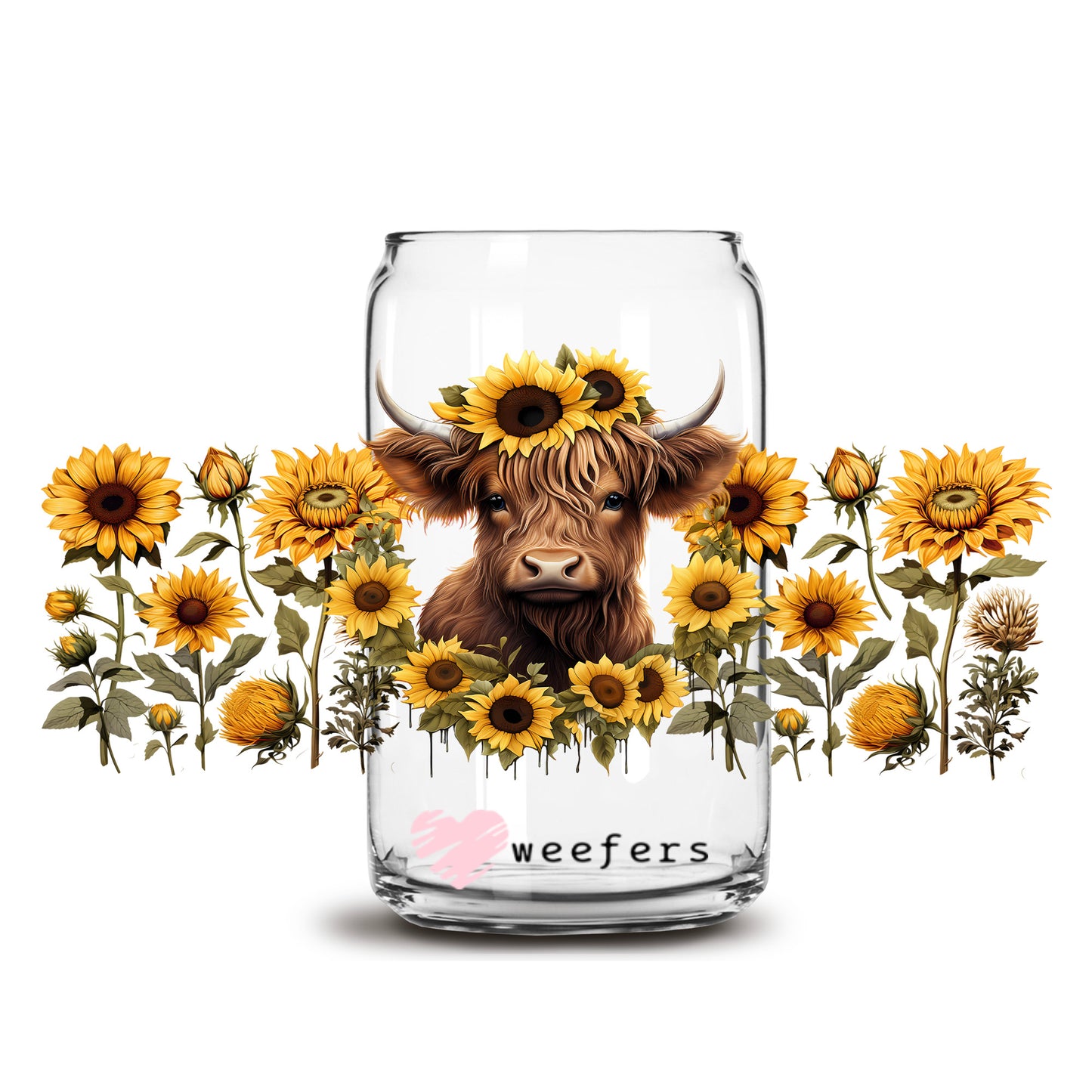 Sunflower Highlander Cow 16oz Libbey Glass Can UV DTF or Sublimation Cup Wrap - Decal Transfer - Weefers