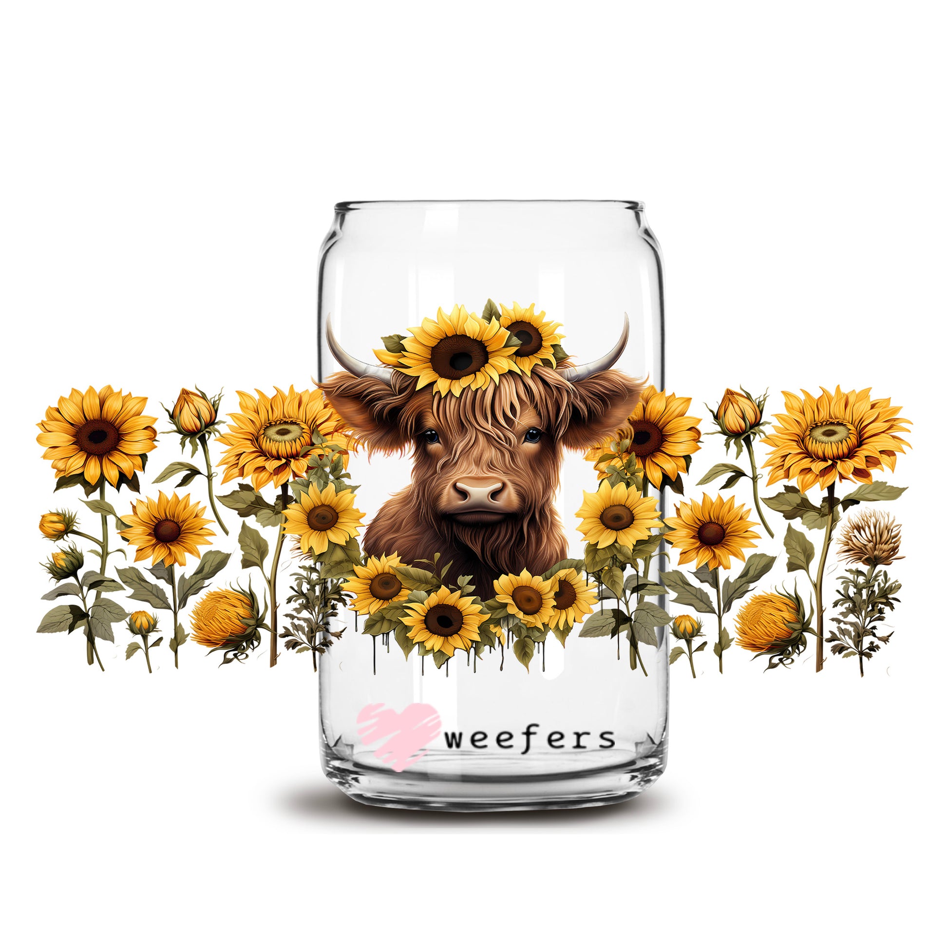 Sunflower Highlander Cow 16oz Libbey Glass Can UV DTF or Sublimation Cup Wrap - Decal Transfer - Weefers