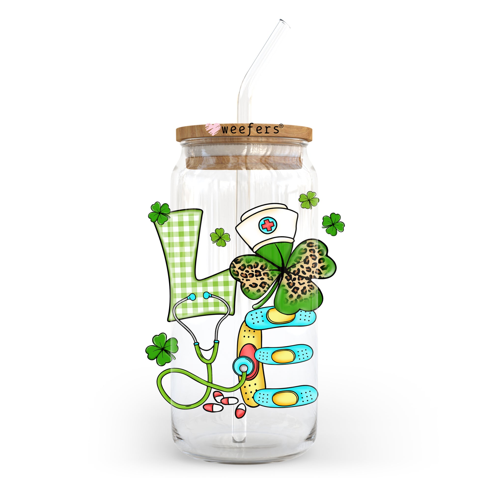 Love Nurse St Patrick's Day 20oz Libbey Glass Can UV DTF or Sublimation Wrap - Decal - Weefers