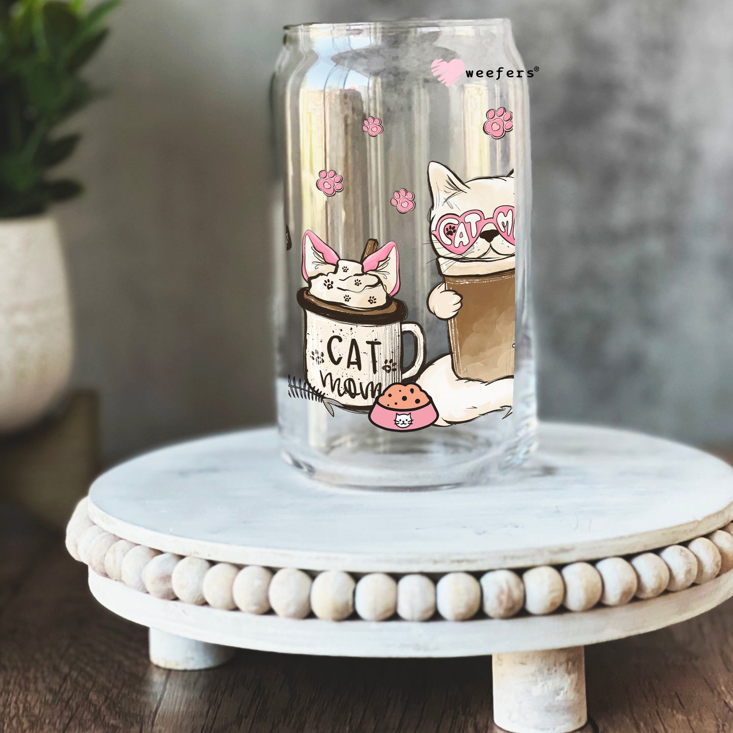 Cat Mom Pink Latte 16oz Libbey Glass Can UV DTF or Sublimation Wrap - Decal - Weefers