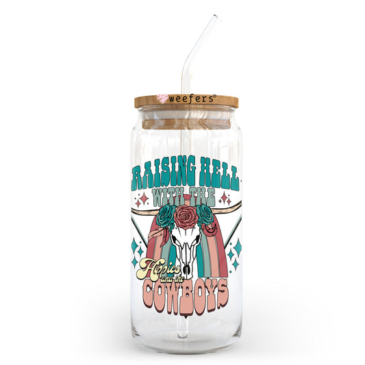 Raising Hell with the Hippies and the Cowboys 20oz Libbey Glass Can UV DTF or Sublimation Wrap - Decal Transfer Weefers