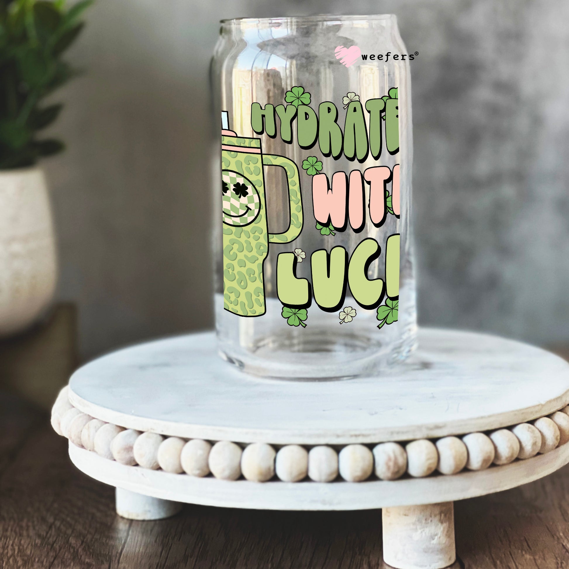 Hydrated with Luck St. Patrick's Day 16oz Libbey Glass Can UV DTF or Sublimation Cup Wrap - Decal Transfer - Weefers