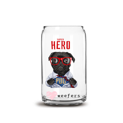 Pug Super Hero 16oz Libbey Glass Can UV DTF or Sublimation Cup Wrap - Decal Transfer - Weefers