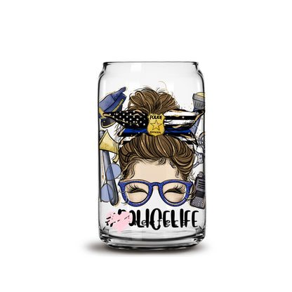 Messy Bun Police Life 16oz Libbey Glass Can UV DTF or Sublimation Wrap - Decal - Weefers