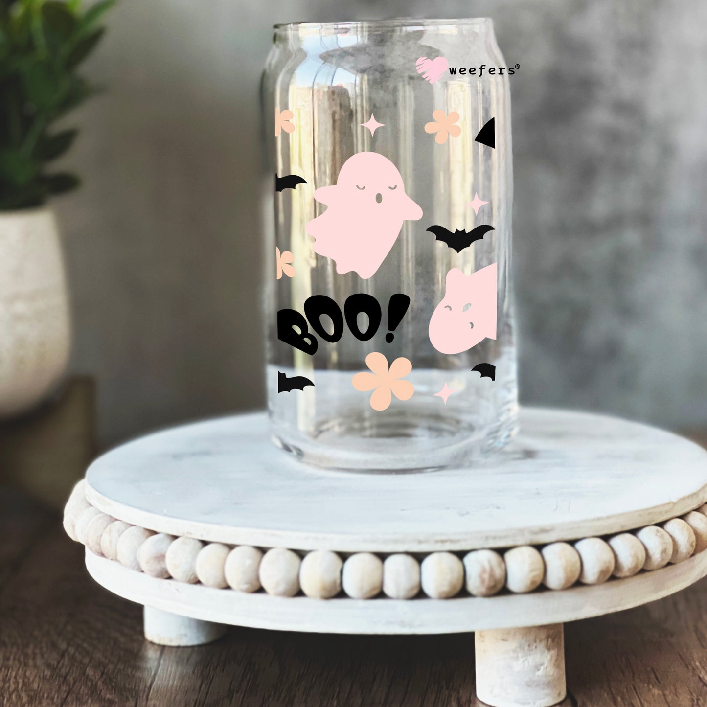 Boo Pink Ghost Halloween 16oz Libbey Glass Can UV DTF or Sublimation Wrap - Decal - Weefers