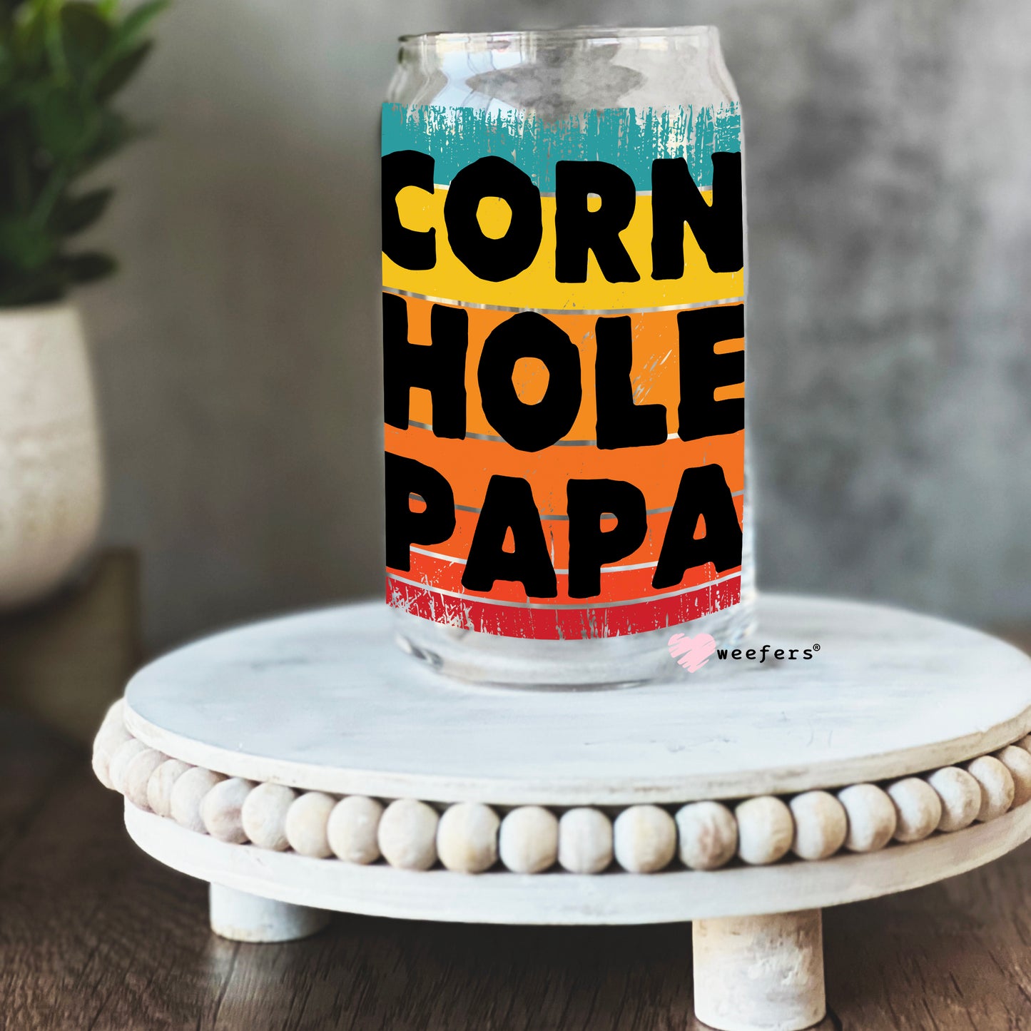 Corn Hole Papa 16oz Libbey Glass Can UV DTF or Sublimation Wrap - Decal - Weefers