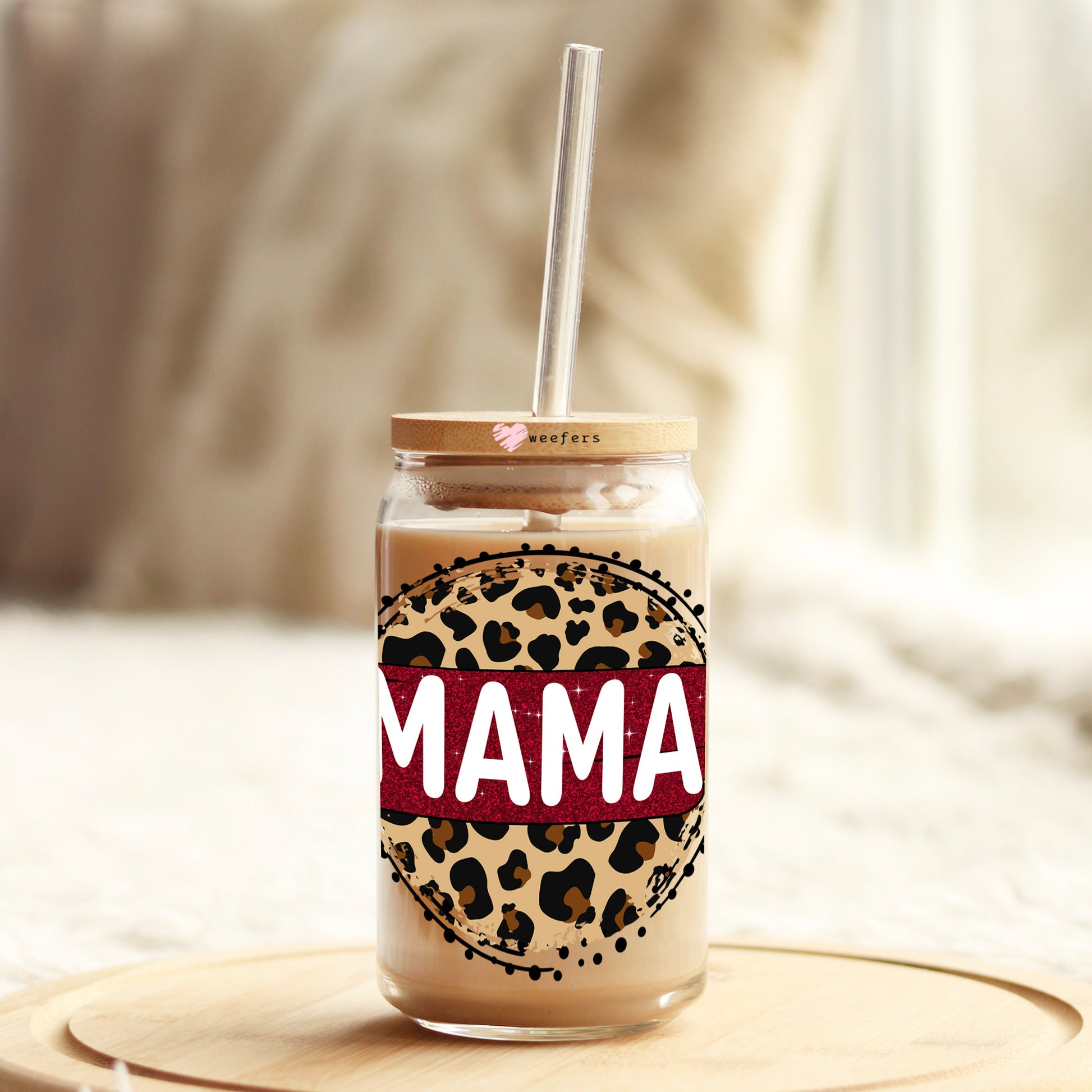 Mama Burgundy Leopard  16oz Libbey Glass Can UV DTF or Sublimation Wrap - Decal - Weefers