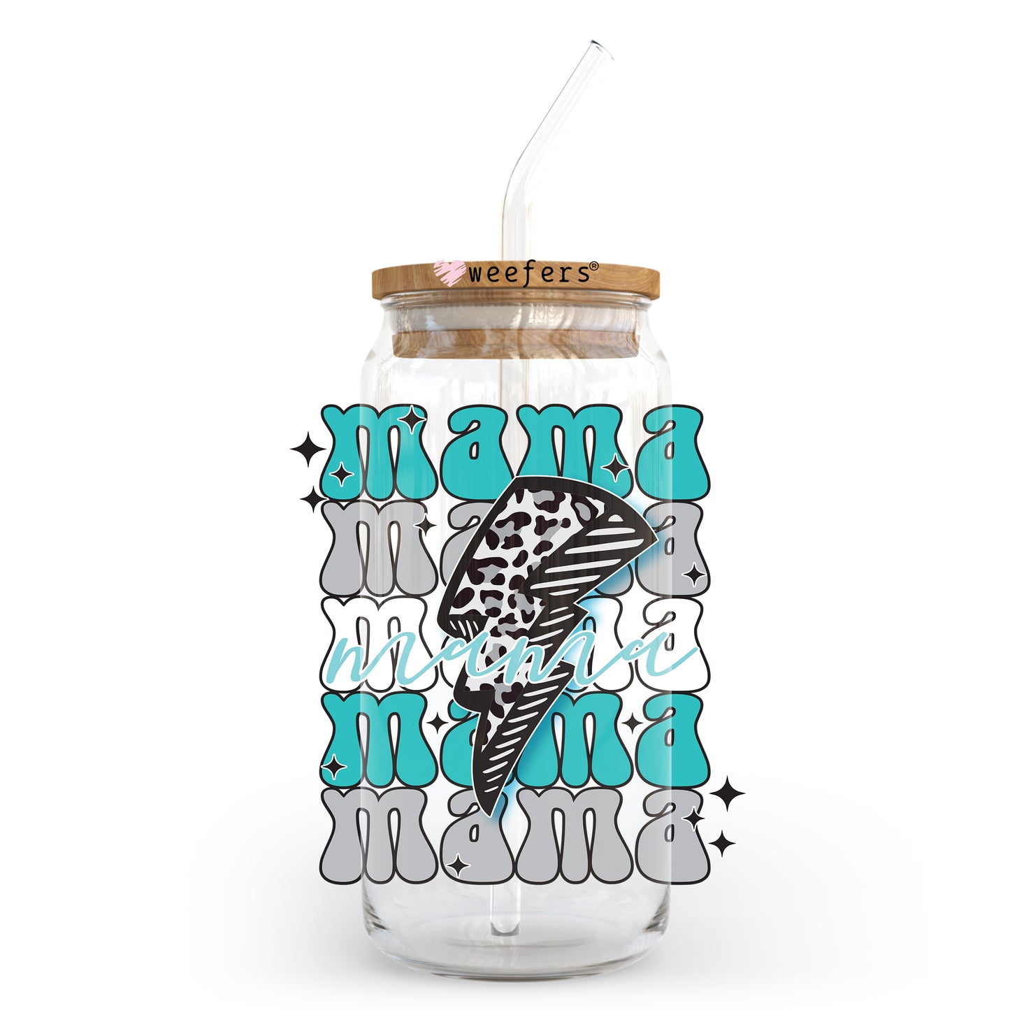 Mama Teal and Grey Lightening bolt 20oz Libbey Glass Can UV DTF or Sublimation Wrap - Decal Transfer - Weefers