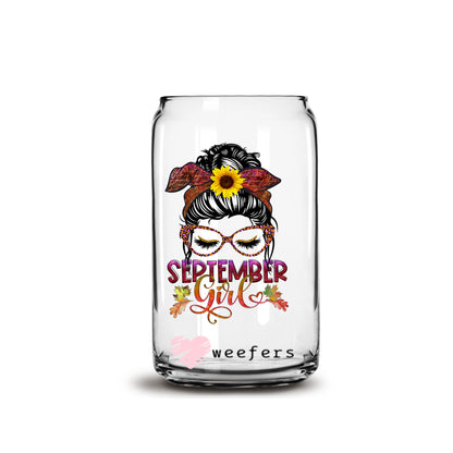 Messy Bun September Girl Birthday Month 16oz Libbey Glass Can UV DTF or Sublimation Wrap - Decal - Weefers