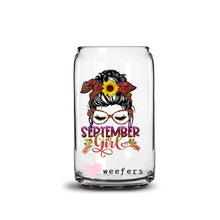 Load image into Gallery viewer, Messy Bun September Girl Birthday Month 16oz Libbey Glass Can UV-DTF or Sublimation Wrap - Decal
