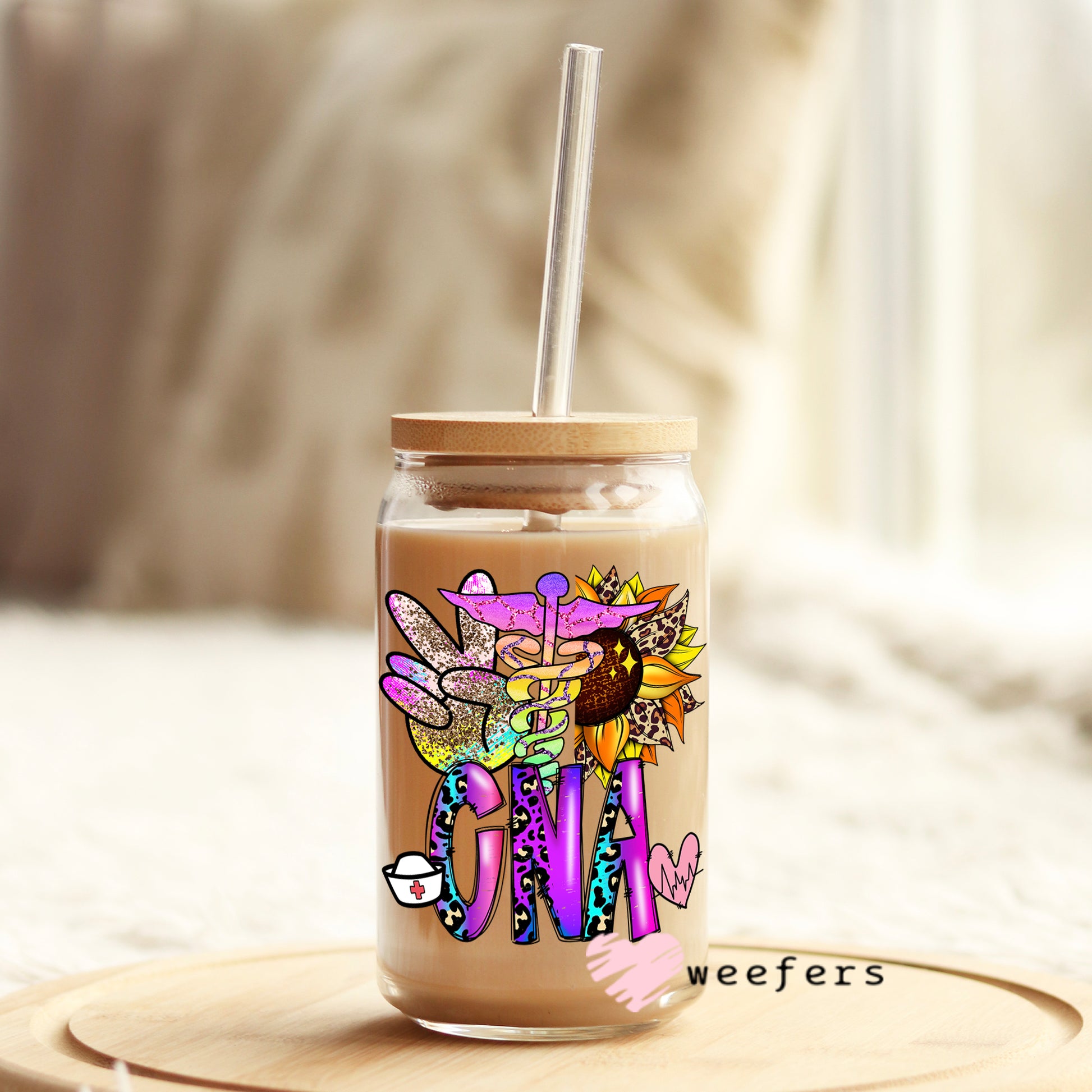 Peace Love CNA 16oz Libbey Glass Can UV DTF or Sublimation Wrap - Decal - Weefers