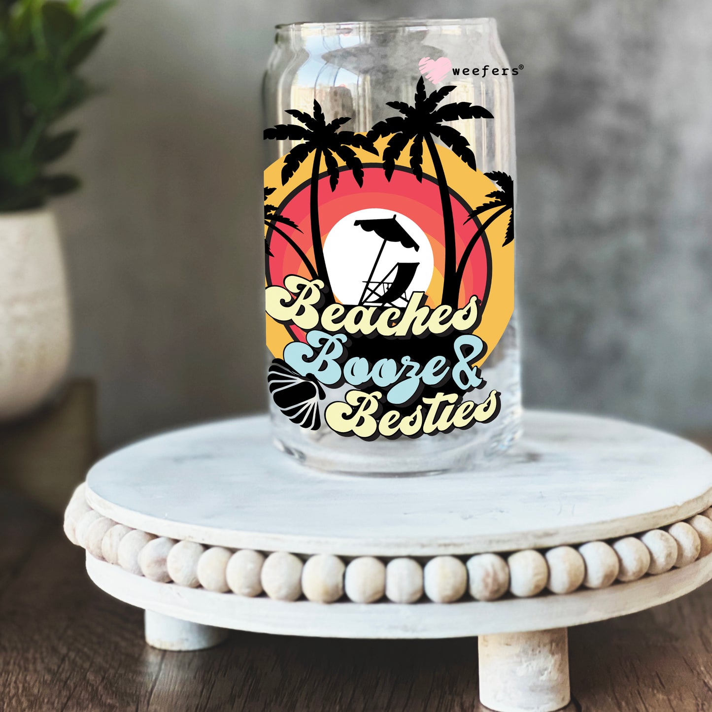 Beaches Booze and Besties Palms 16oz Libbey Glass Can UV DTF or Sublimation Wrap - Decal - Weefers