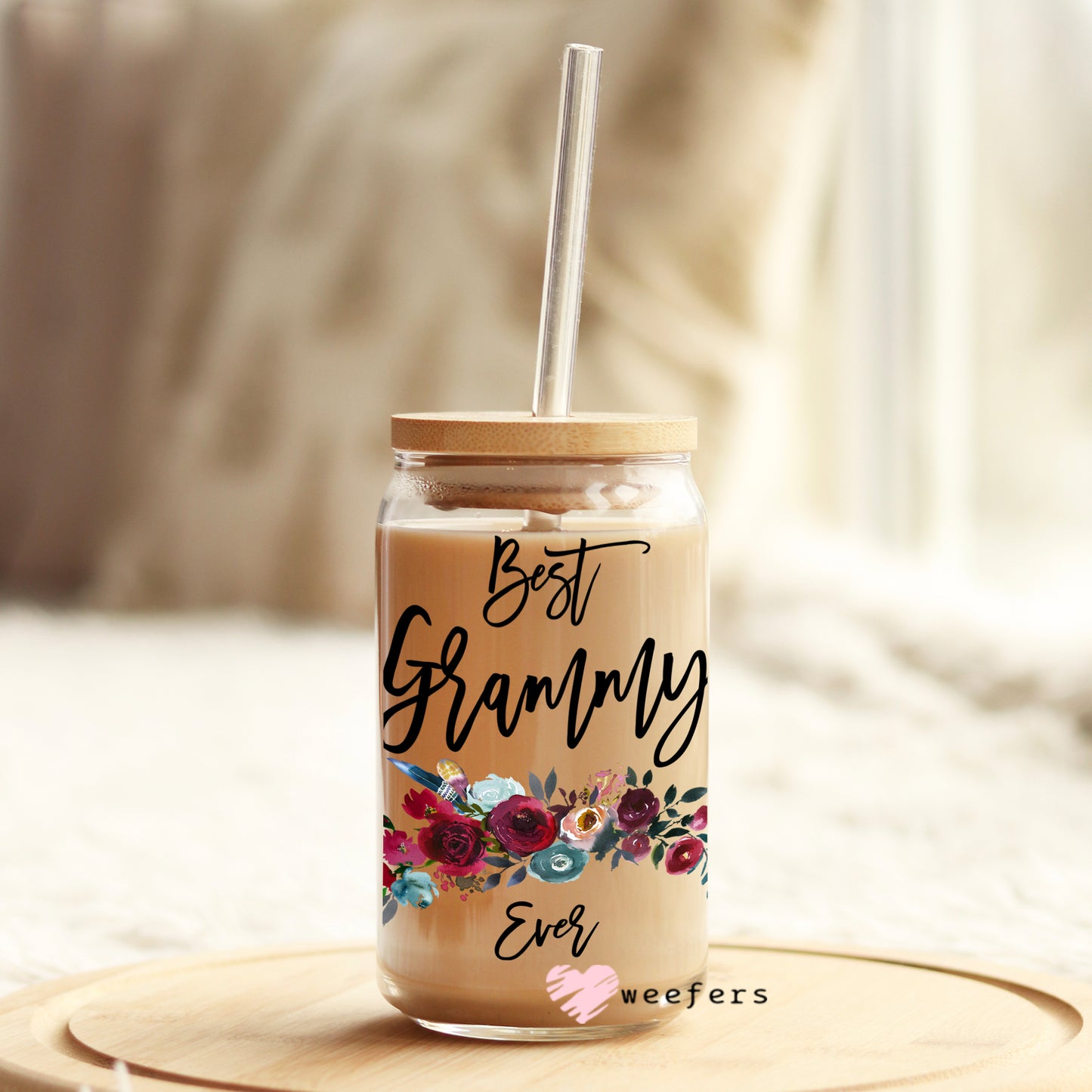 Best Grammy Ever Burgundy Floral 16oz Libbey Glass Can UV DTF or Sublimation Wrap - Decal - Weefers