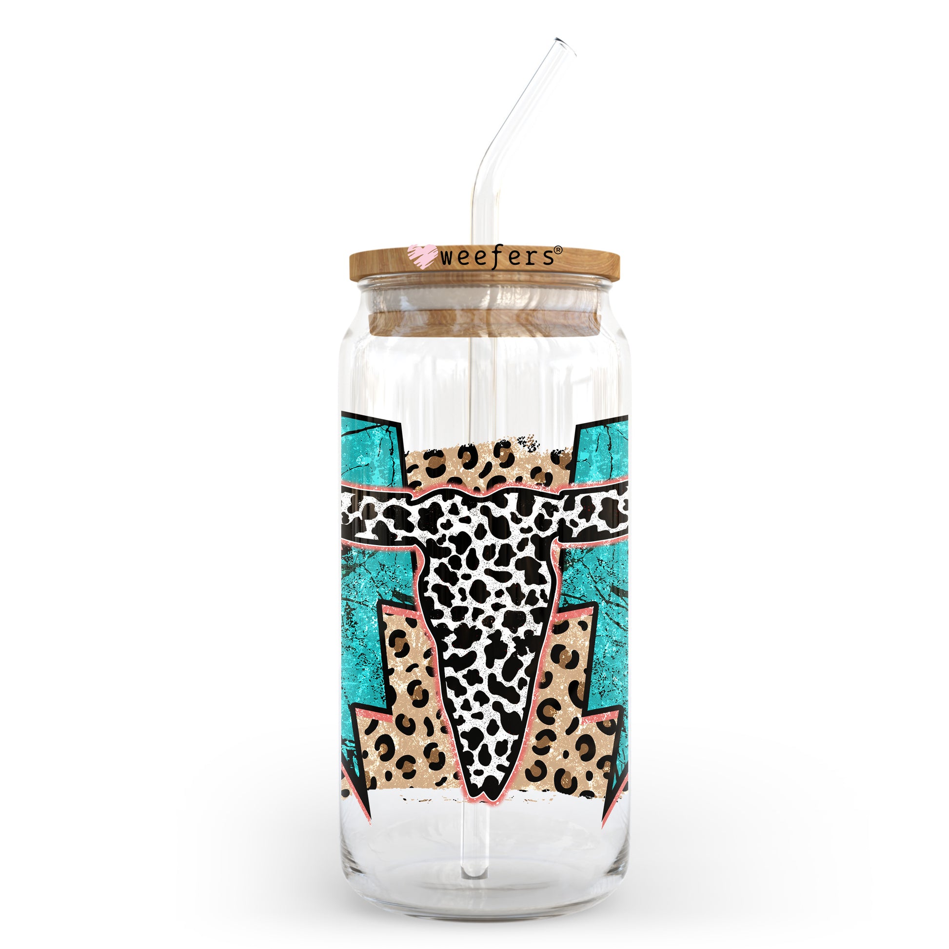 Teal Cow Skull Cheetah 20oz Libbey Glass Can UV DTF or Sublimation Wrap - Decal Transfer - Weefers