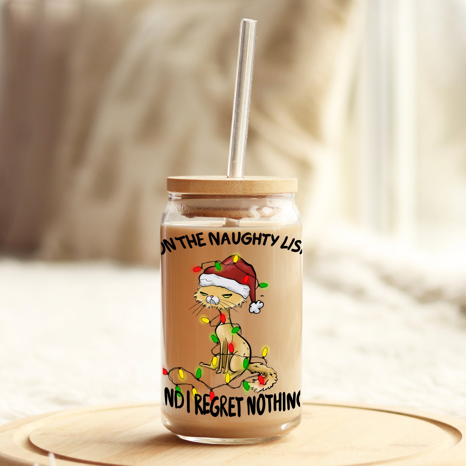 On the Naughty List and Regret Nothing Christmas 16oz Libbey Glass Can UV DTF or Sublimation Cup Wrap - Decal Transfer - Weefers