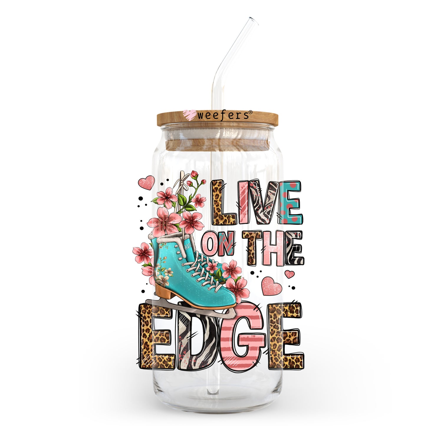 Live on the Edge Ice Skates 20oz Libbey Glass Can UV DTF or Sublimation Wrap - Decal Transfer - Weefers