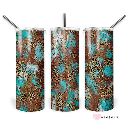 20oz Skinny Tumbler Wrap - Cheetah Turquoise Tooled Leather - Weefers