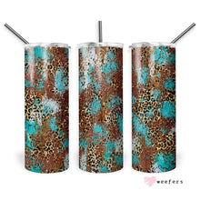 Load image into Gallery viewer, 20oz Skinny Tumbler Wrap - Cheetah Turquoise Tooled Leather Weefers
