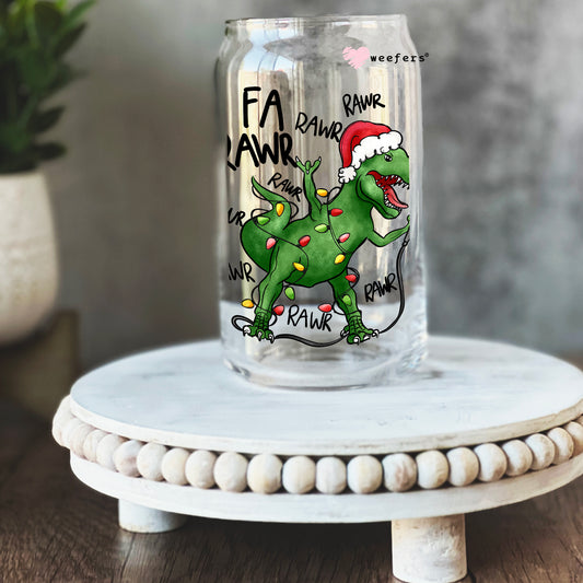 Fawr Rawr Rawr Christmas Dinosaur 16oz Libbey Glass Can UV DTF or Sublimation Cup Wrap - Decal Transfer - Weefers