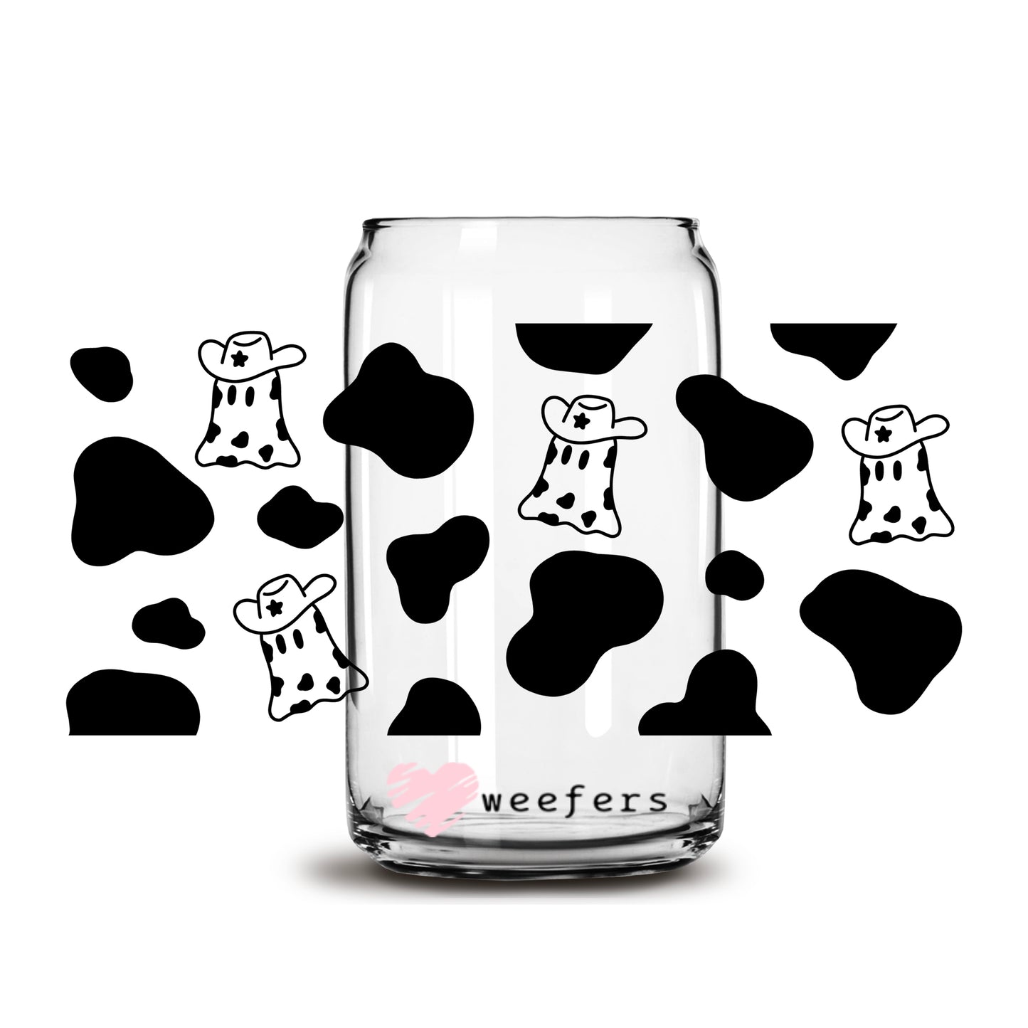 Black Cowprint Ghosts 16oz Libbey Glass Can UV DTF or Sublimation Wrap - Decal - Weefers