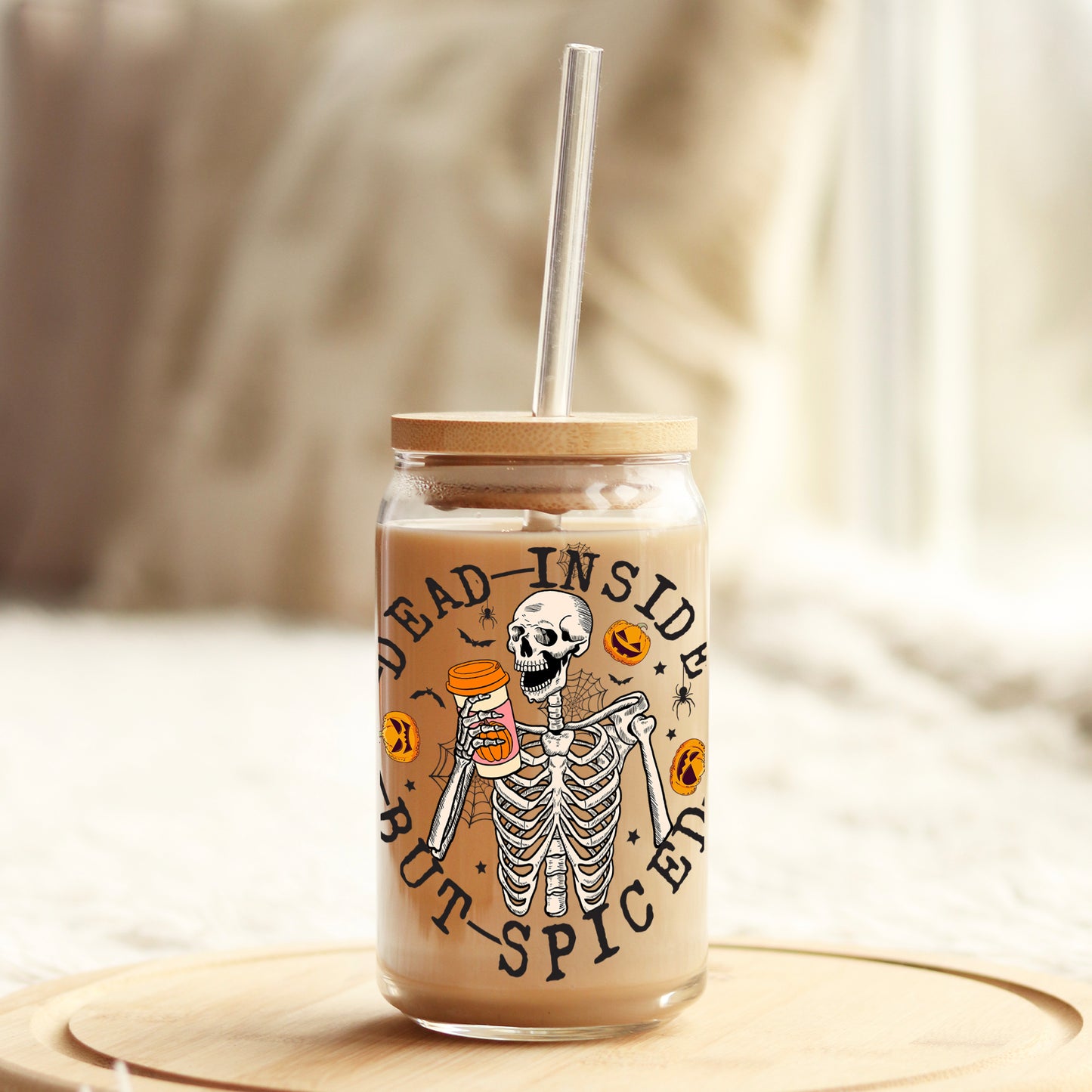 Dead Inside but Spiced Halloween 16oz Libbey Glass Can UV DTF or Sublimation Wrap - Decal - Weefers