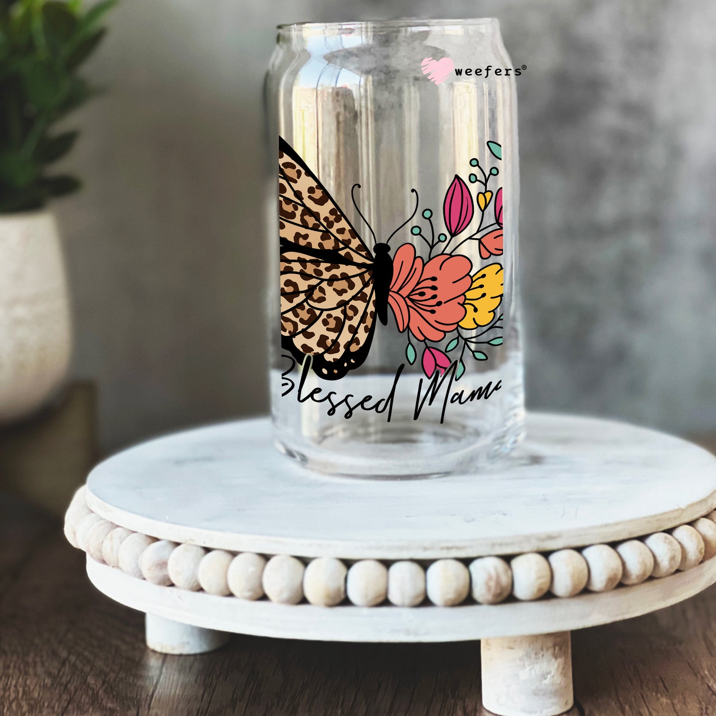 Blessed Mama Butterfly 16oz Libbey Glass Can UV DTF or Sublimation Cup Wrap - Decal Transfer - Weefers