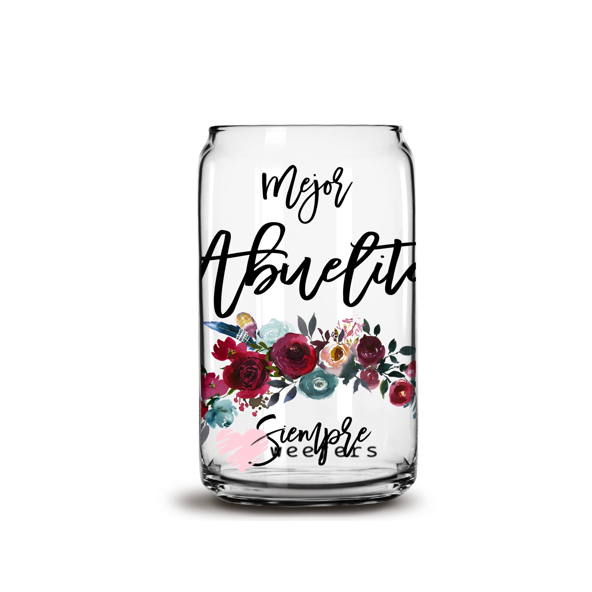 Spanish Mejor Abuelita Siempre Burgundy Floral 16oz Libbey Glass Can UV DTF or Sublimation Wrap - Decal - Weefers