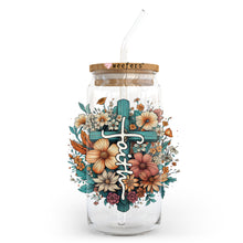 Load image into Gallery viewer, a glass jar with a cross and flowers on it
