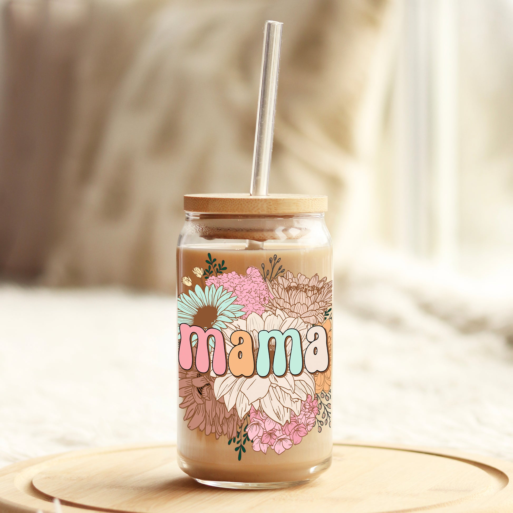 MaMa Spring Boho Florals 16oz Libbey Glass Can UV DTF or Sublimation Cup Wrap - Decal Transfer - Weefers