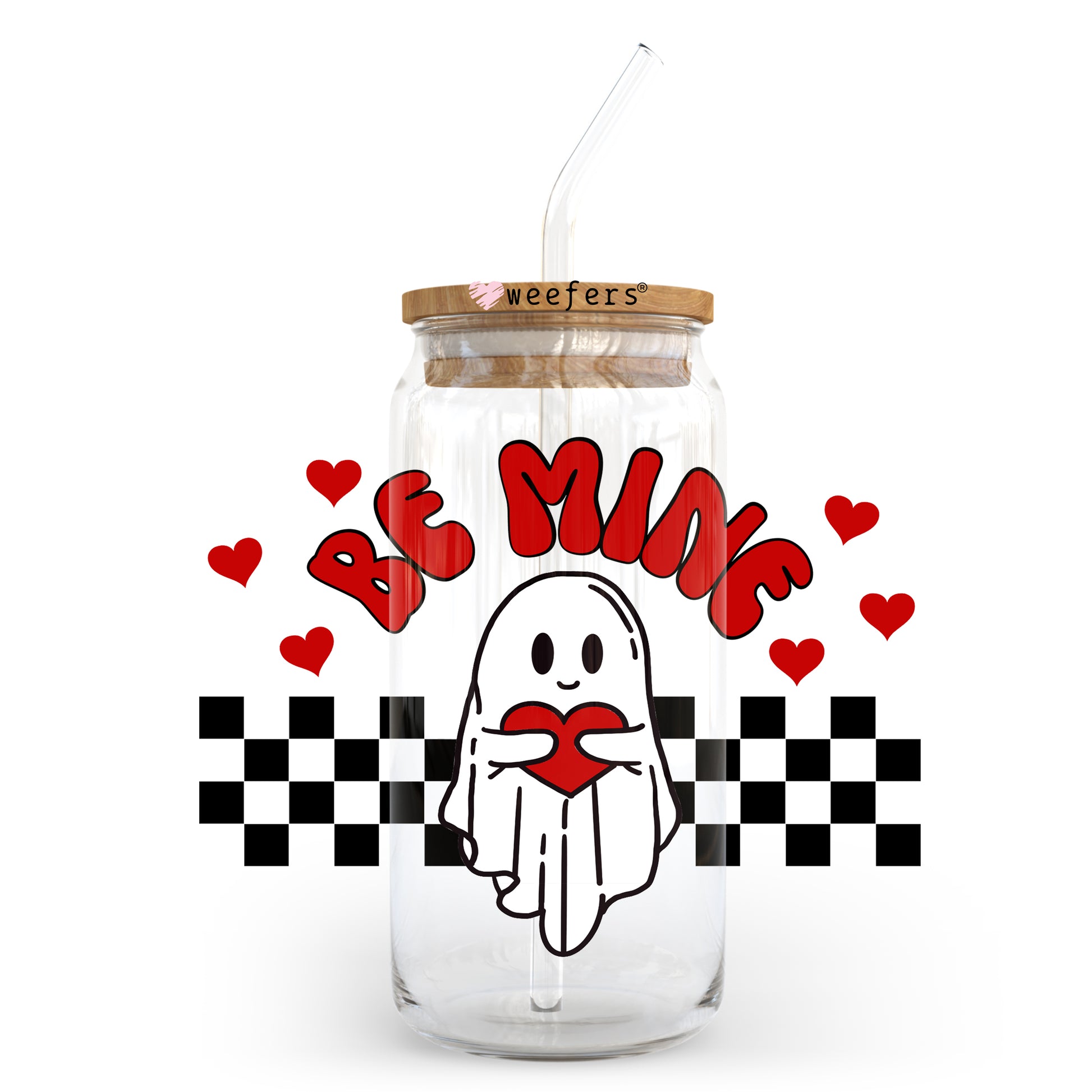 Be Mine Ghost Checkers Valentine's Day 20oz Libbey Glass Can UV DTF or Sublimation Wrap - Decal - Weefers