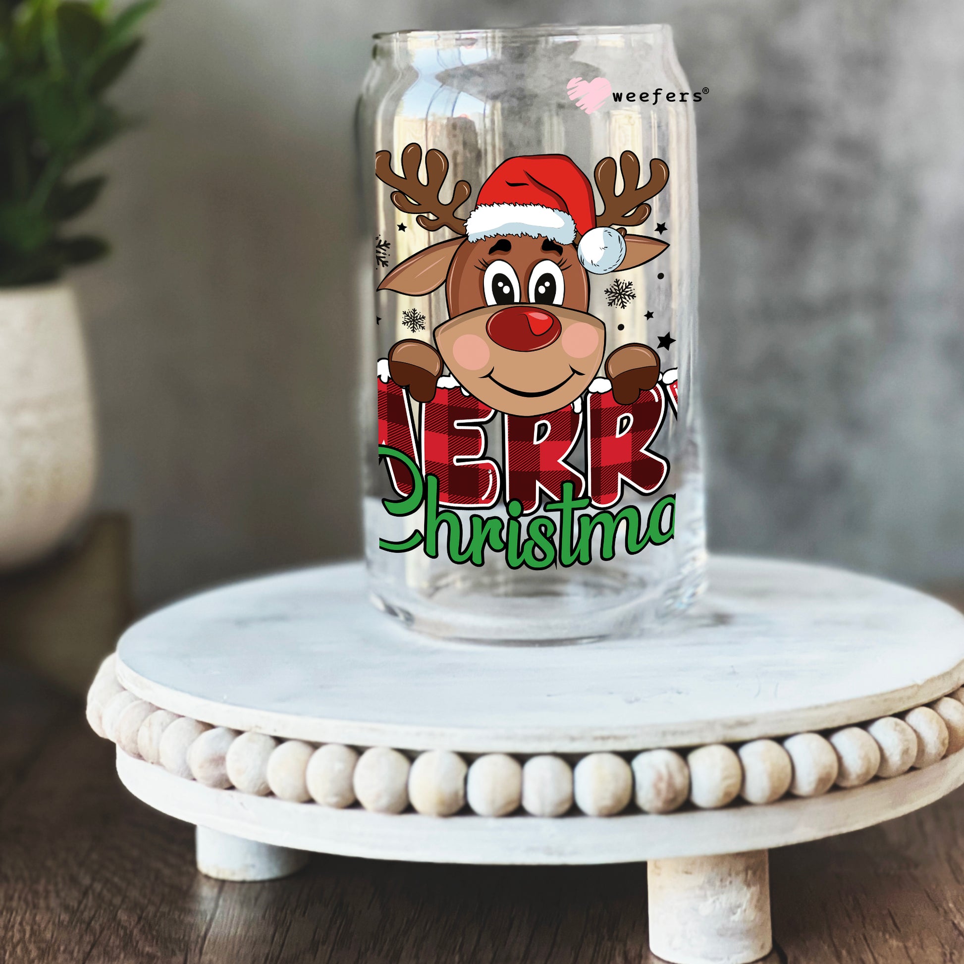 Merry Christmas Reindeer 16oz Libbey Glass Can UV DTF or Sublimation Cup Wrap - Decal Transfer - Weefers