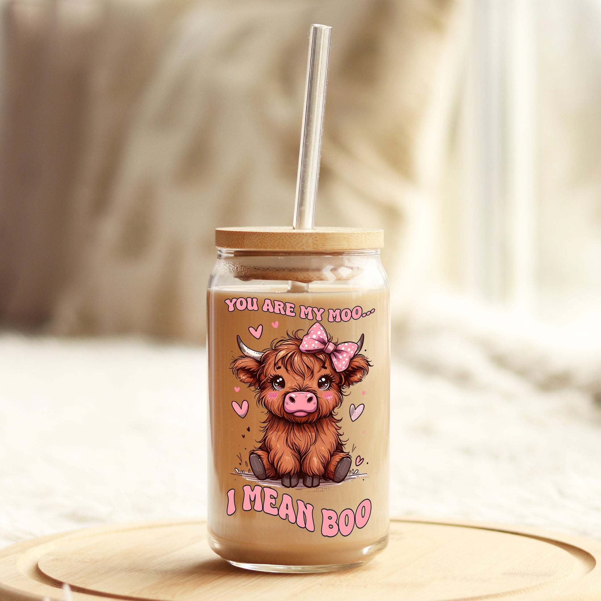 You are My Moo, I Mean Boo Cow Valentine's Day 16oz Libbey Glass Can UV DTF or Sublimation Cup Wrap - Decal Transfer - Weefers